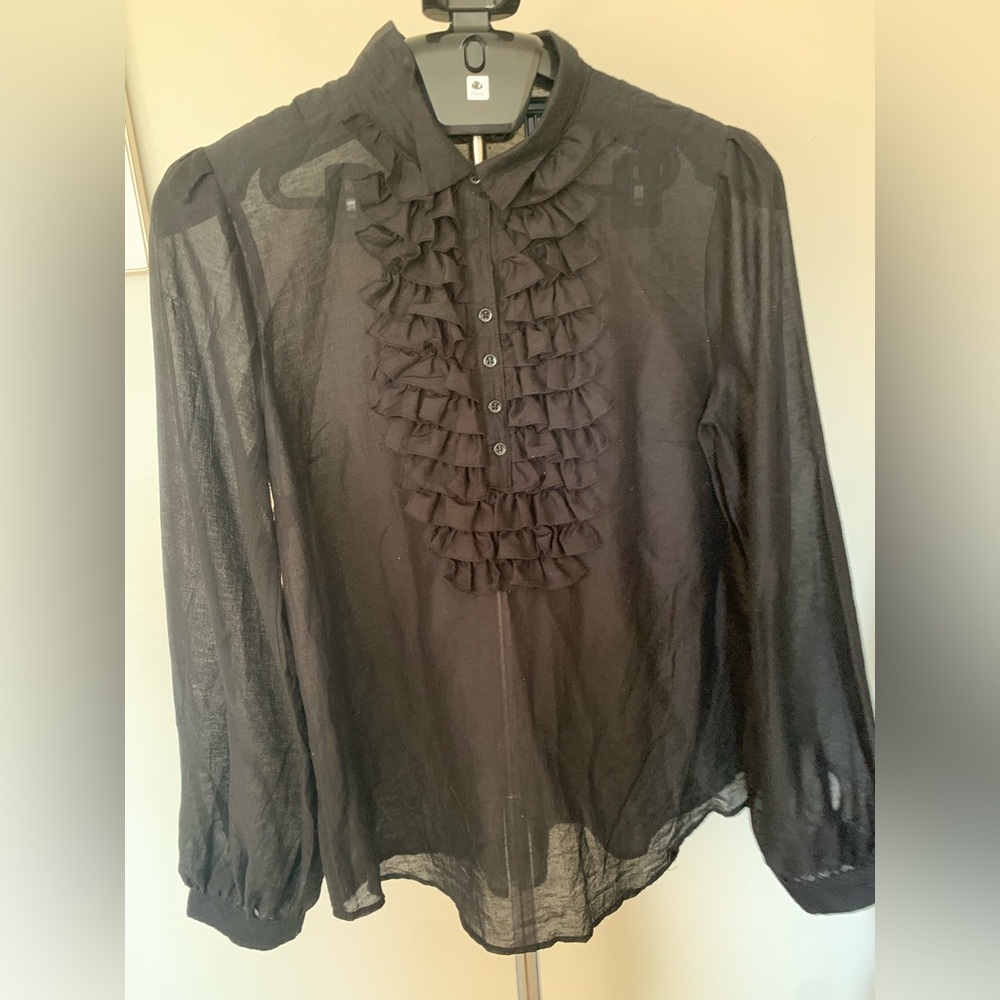 Free People Women's Sheer Black Ruffle Button-Down Collared Long Sleeve Blouse L